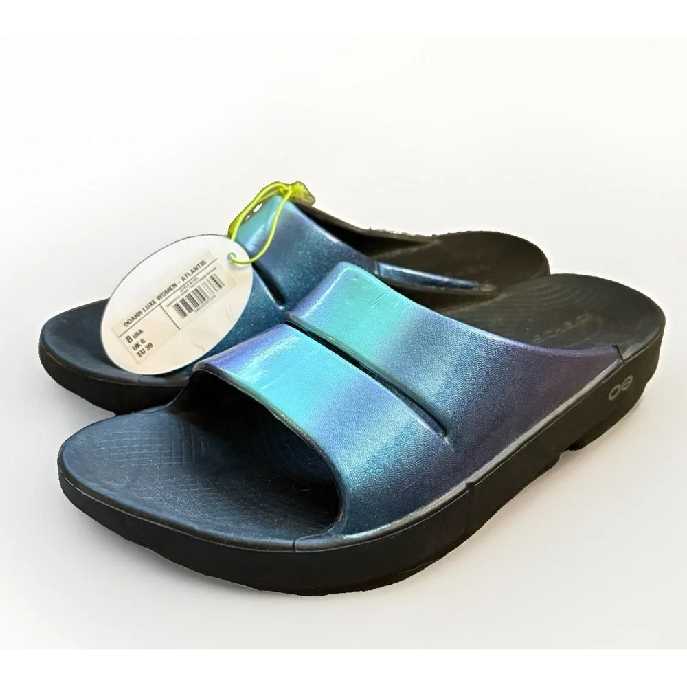Oofos OOahh Luxe Atlantis Metallic Blue Slides Recovery Sandals Women's 8 NWOB - Picture 1 of 6
